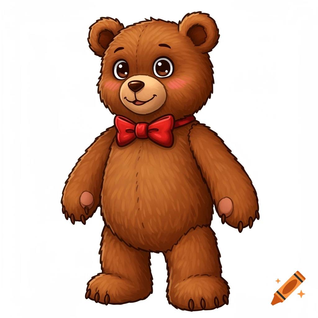 A cute brown cartoon teddy bear with large eyes and a red bow tie stands upright.