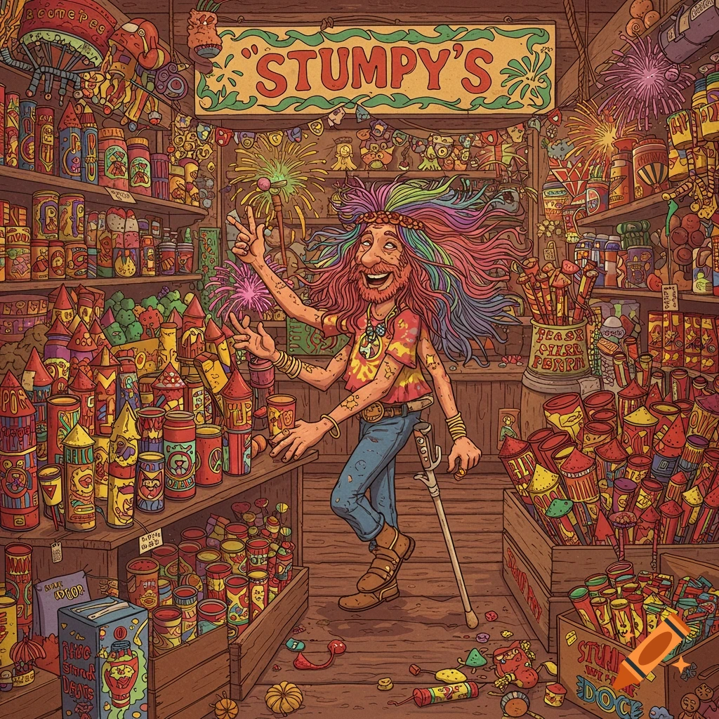 A colorful illustration of a smiling, multi-armed hippy with rainbow hair, wearing a tie-dye shirt, standing in a whimsical firework store named "STUMPY'S", surrounded by shelves and boxes full of various fireworks.