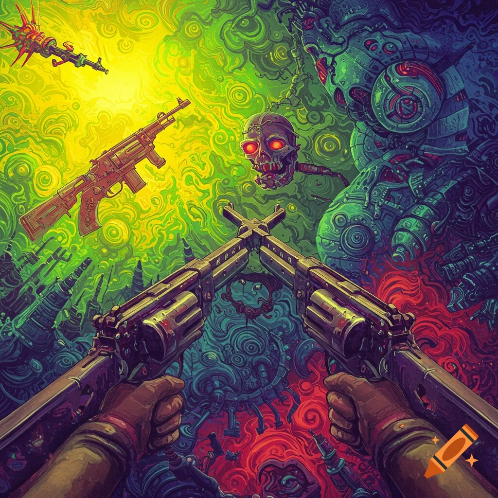 A psychedelic, stylized illustration from a first-person view, showing hands holding two guns crossed against a chaotic background of abstract machinery, a skull, and a rifle.