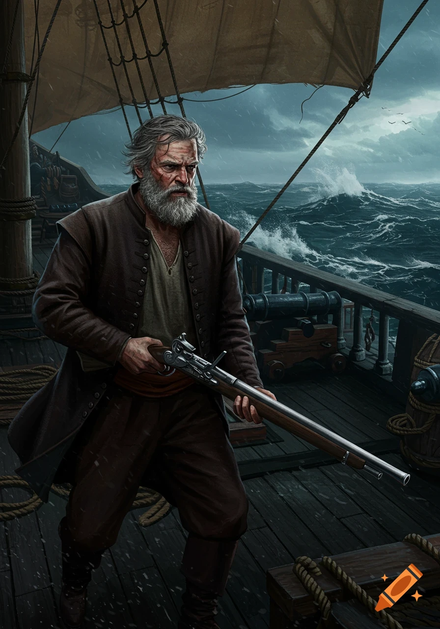A grizzled man with a musket stands on a stormy ship deck, waves crashing in the background.