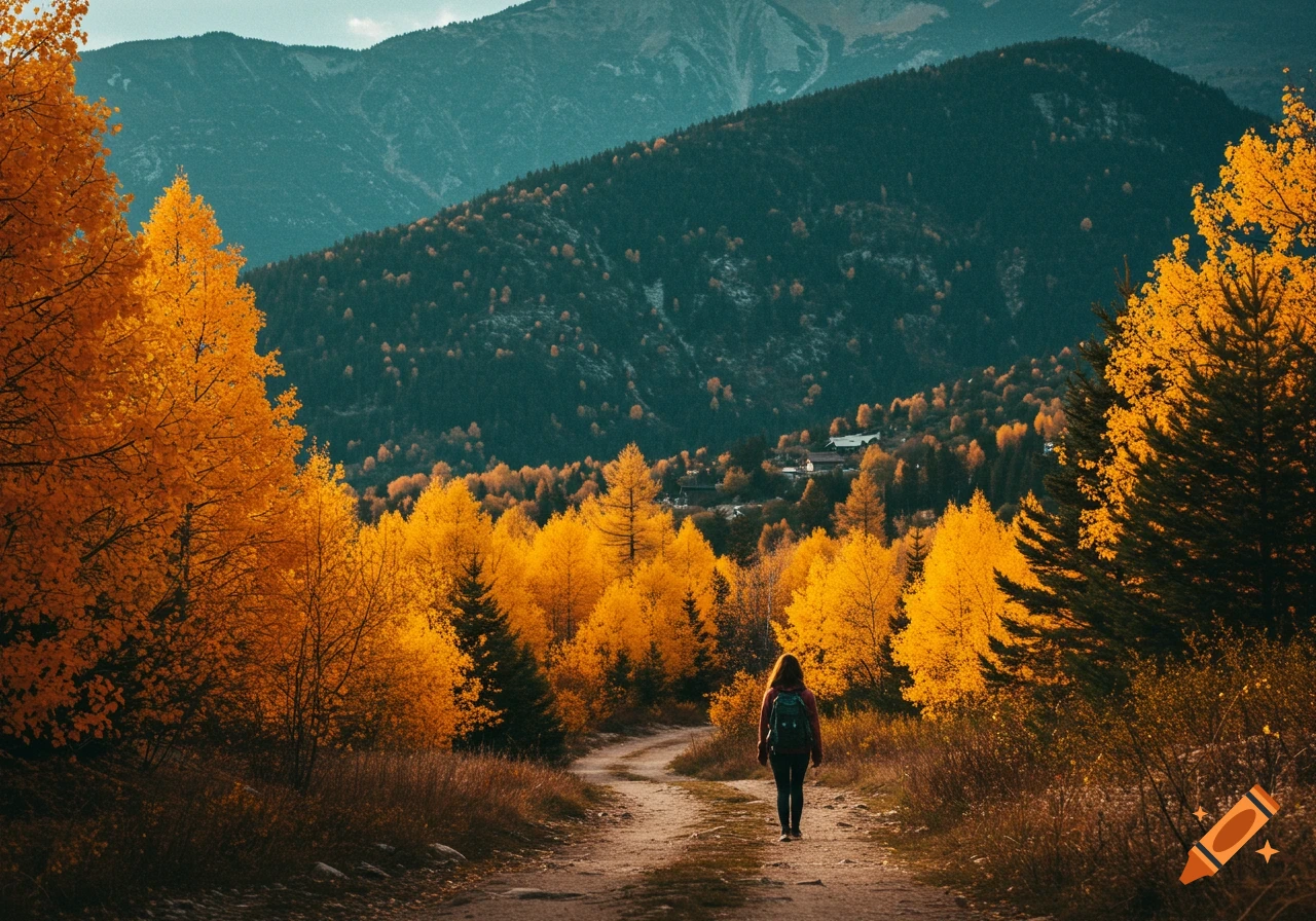 A person walks on a dirt path through a vibrant autumn forest with golden trees and dark mountains in the background.