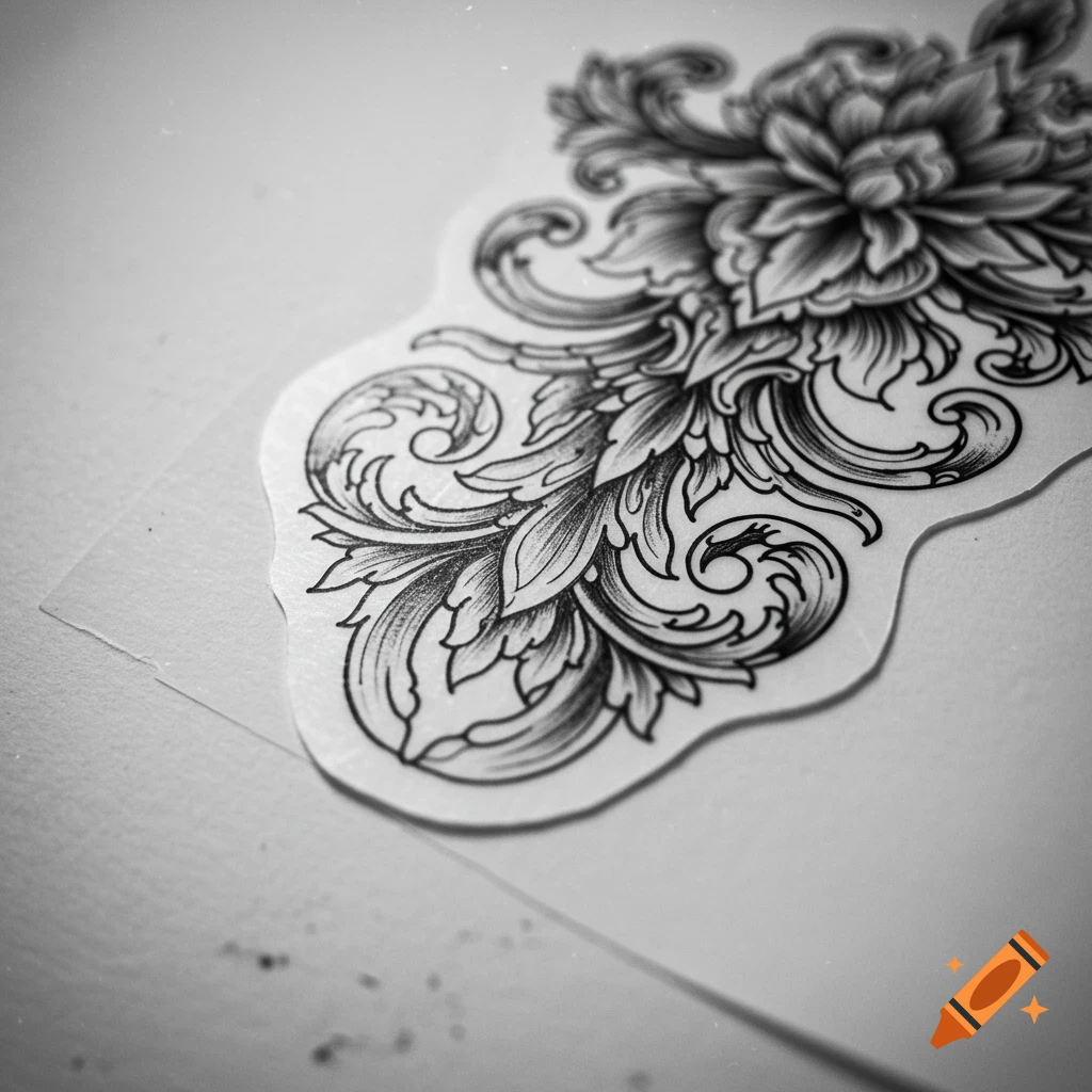 Black and white close-up of an intricate floral and scrollwork tattoo stencil on a light surface.