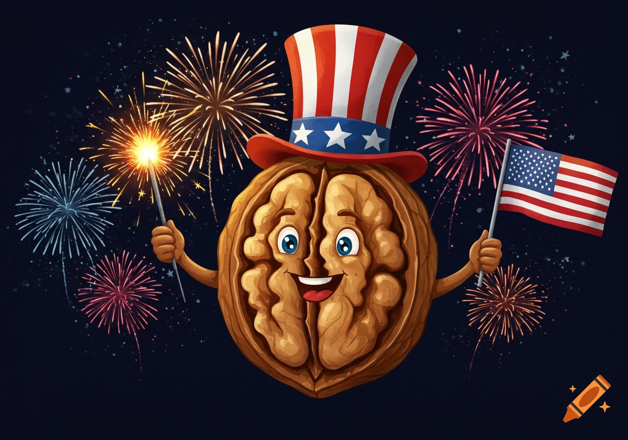A cartoon walnut character wearing an Uncle Sam hat, holding a sparkler and an American flag, with fireworks in the night sky.
