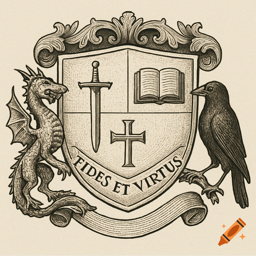 Traditional engraved family crest with a shield featuring a sword, open book, and cross, flanked by a dragon and a raven. A banner below reads "FIDES ET VIRTUS".