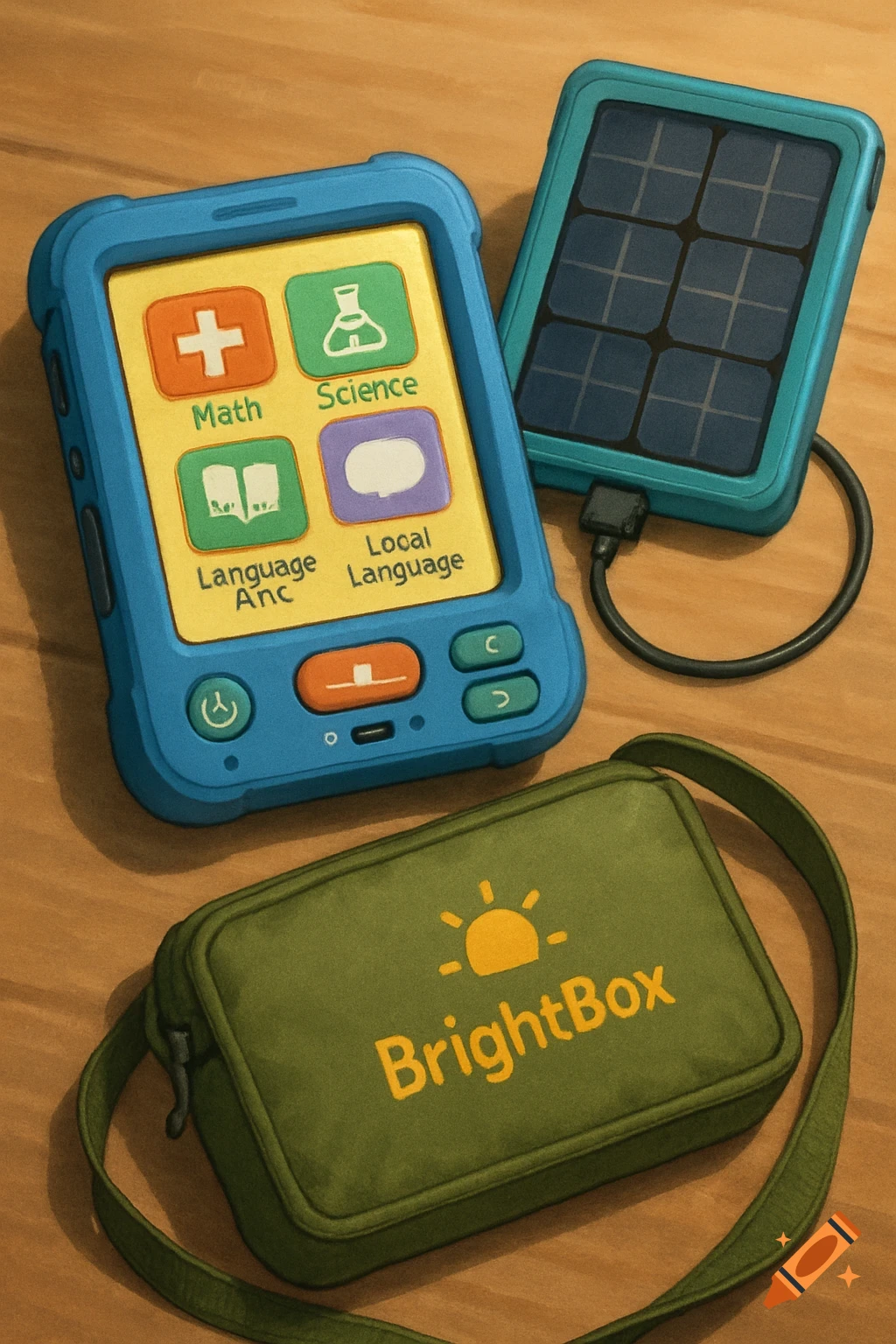 A blue educational tablet with a screen showing 'Math', 'Science', 'Language Anc', 'Local Language' icons, a solar charger, and a green 'BrightBox' carrying case on a wooden surface.