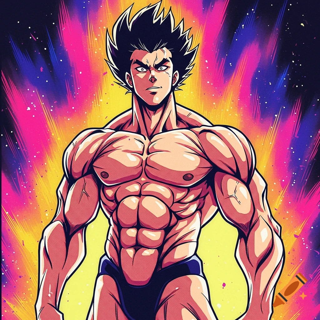 An intensely muscular anime character with spiky black hair, staring forward against a vibrant pink, yellow, and blue cosmic background.