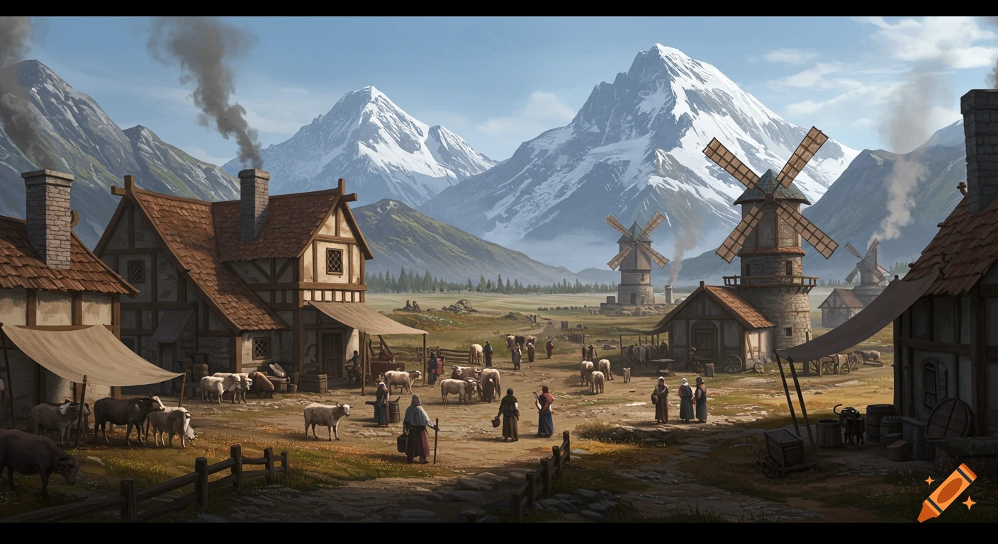 A detailed digital painting of a medieval village with a market square, people, livestock, houses, windmills, and snow-capped mountains in the distance.