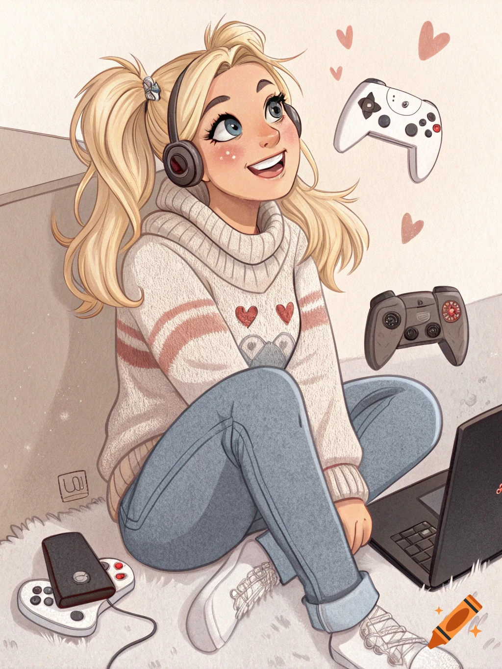 Animated illustration of a happy blonde girl with pigtails and headphones, sitting on the floor surrounded by gaming controllers and a laptop.