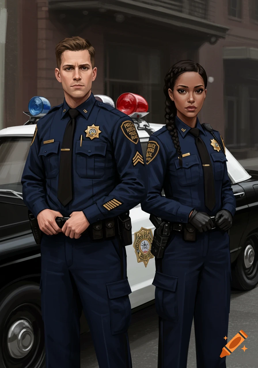 Two police officers in blue uniforms stand in front of a police car in an illustrative style.