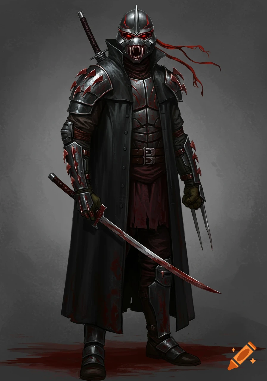 Full-body illustration of a dark warrior in matte black and blood-red armor, a trench coat, wielding a sword and claw gauntlet, with a vampiric helmet.