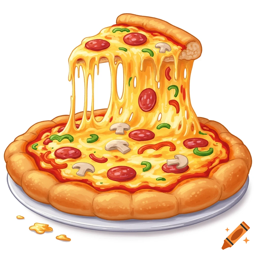 Cartoon illustration of a whole pizza with a slice lifted, showing stretchy cheese, pepperoni, mushrooms, and peppers.