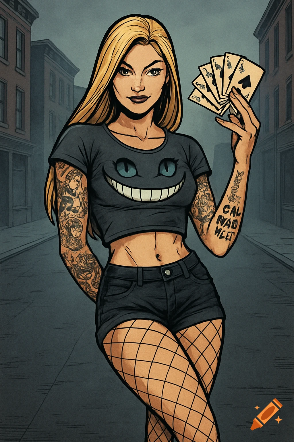 A comic art illustration of a blonde woman with a Cheshire cat crop top, shorts, fishnets, and tattoos, holding playing cards.