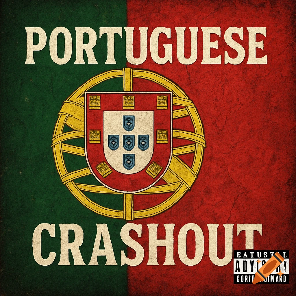An album cover with a grunge texture, featuring the Portuguese flag as a background. The words "PORTUGUESE" and "CRASHOUT" are in large, distressed white text. A Parental Advisory label is in the lower right corner.