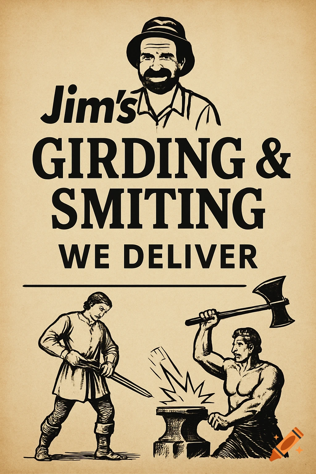 A vintage-style poster for Jim's Girdling & Smiting, featuring a bearded man, text, and two men smithing.