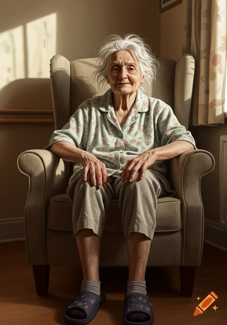 An elderly woman with white hair sits in an armchair in a sunlit room ...