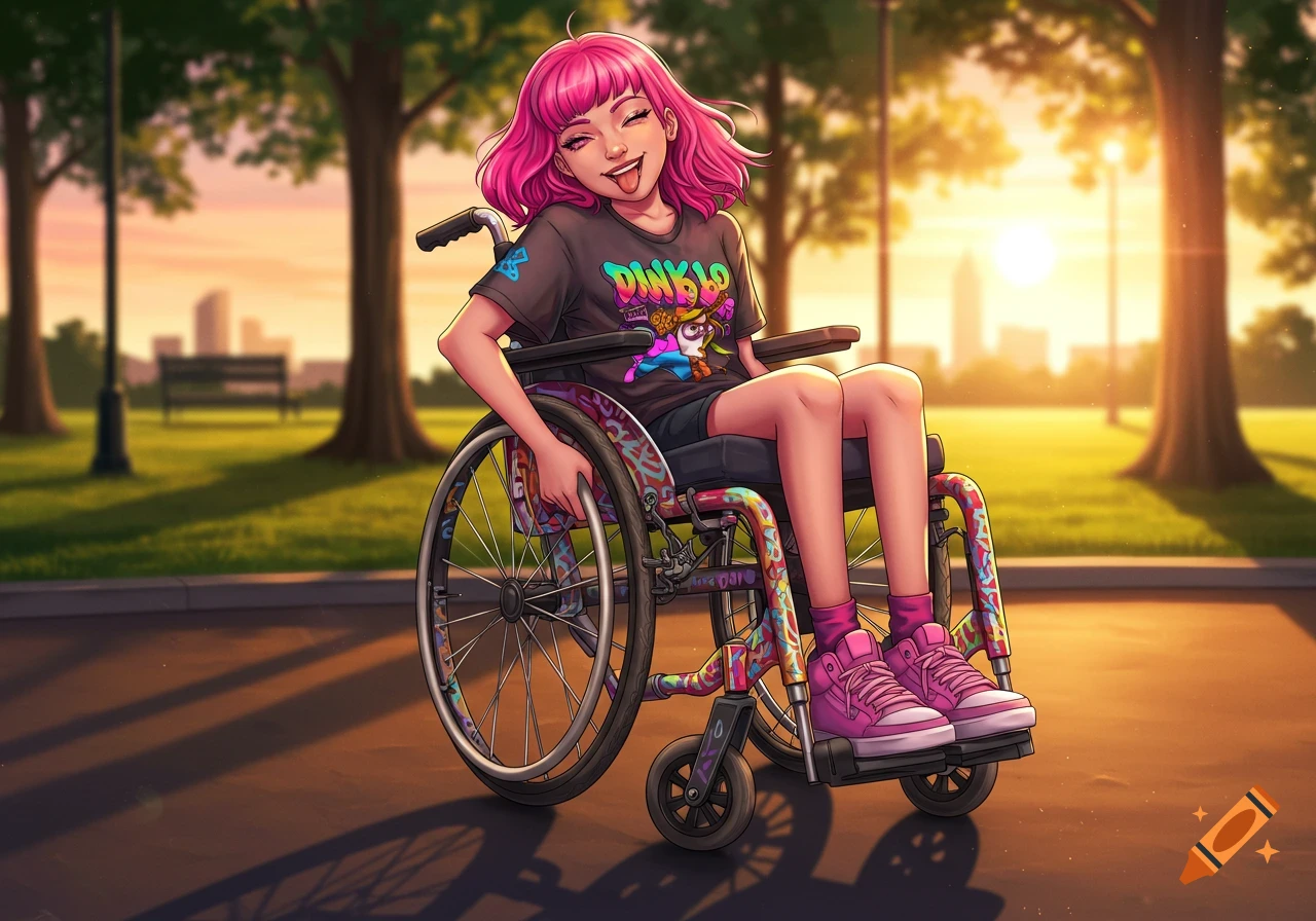Anime-style girl with pink hair smiling in a colorful wheelchair at a park during sunset.