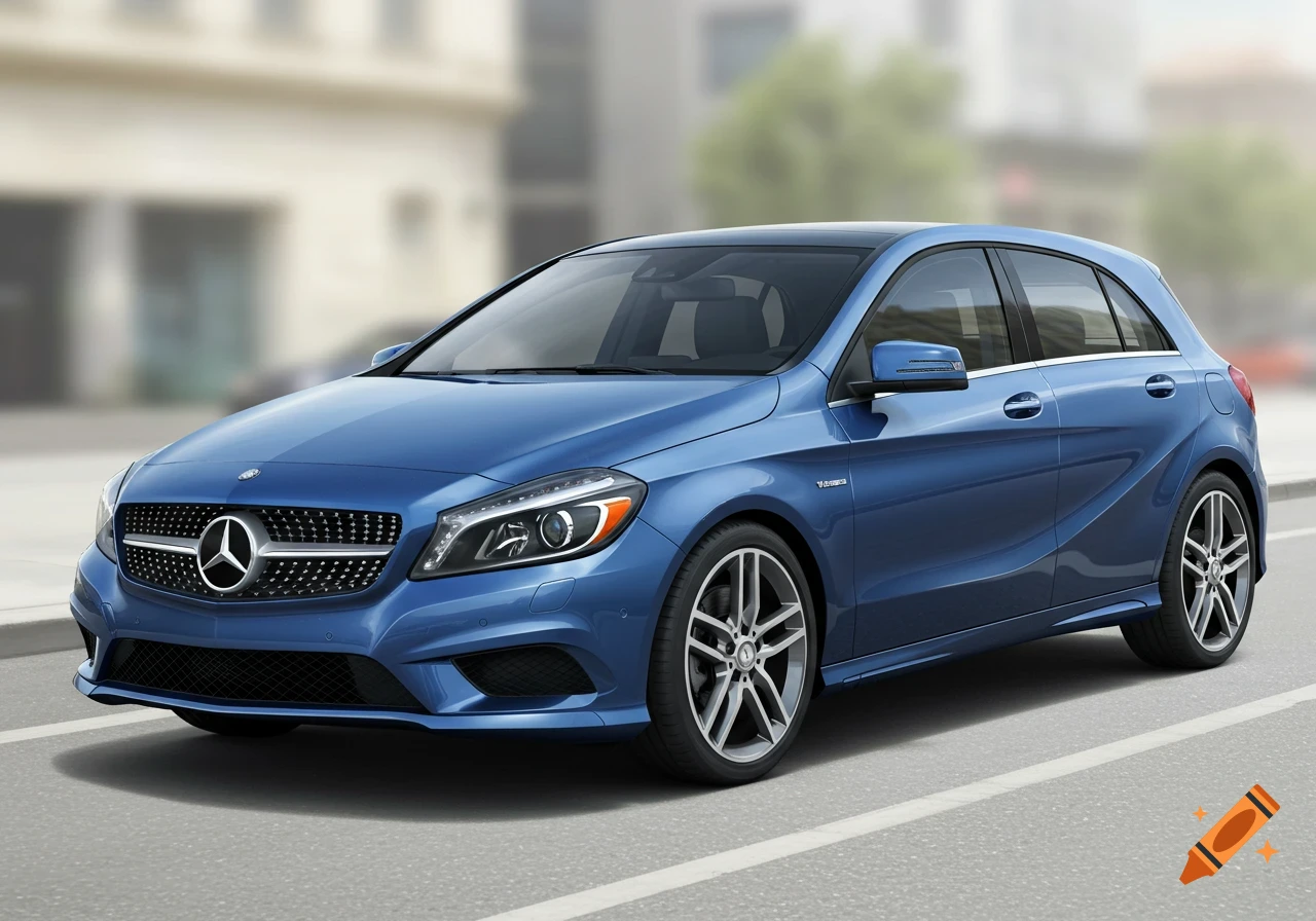 A blue Mercedes-Benz A-Class hatchback parked on a paved road with a blurred background of buildings.