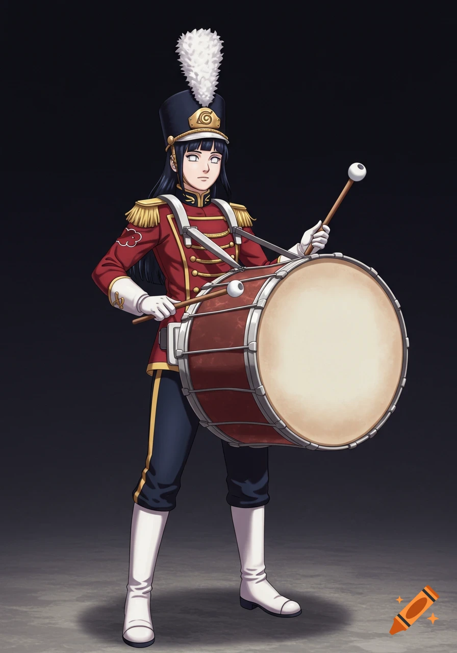 Anime character Hinata Hyuga in a red drum majorette uniform playing a large bass drum.