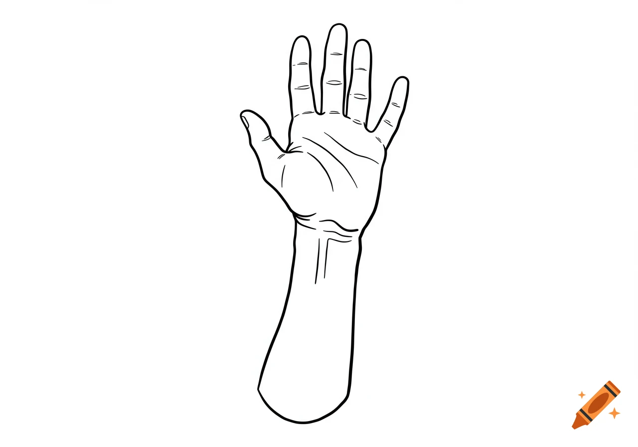 A black and white line drawing of a raised hand and forearm, palm facing forward.