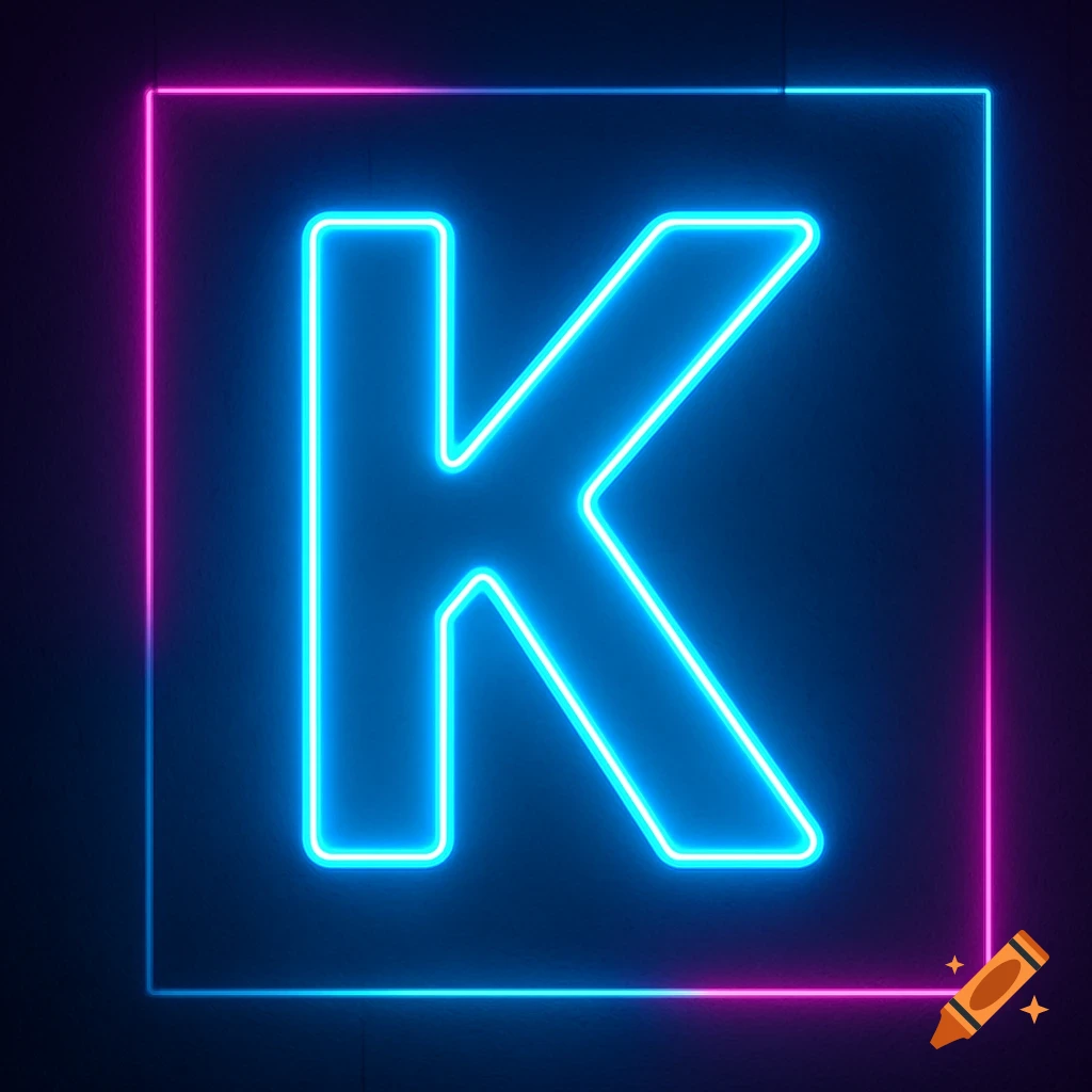 A blue and pink neon glowing letter K inside a square frame on a dark background.