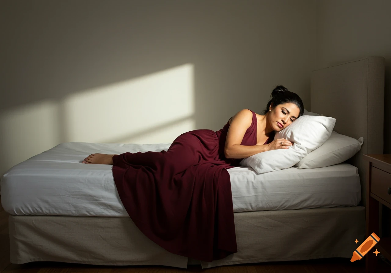 A woman in a dark red dress lies sleeping on a bed, with sunlight casting shadows on the wall.