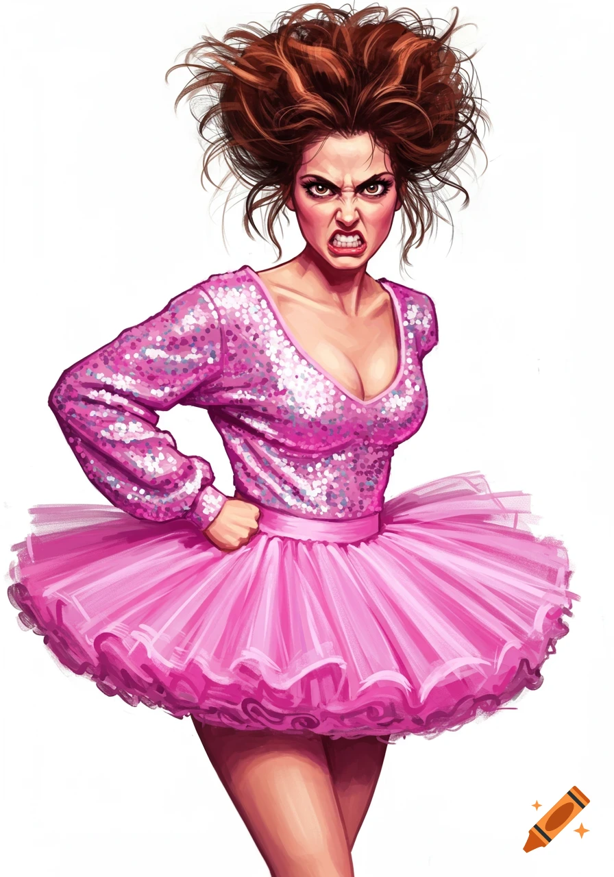 Colorful illustration of an irate woman with messy reddish-brown hair, wearing a pink sequined top and a pink tutu.