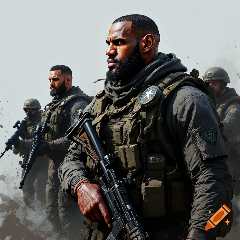 A photorealistic image of LeBron James leading a team of soldiers in military gear, set against a light background with smoke.