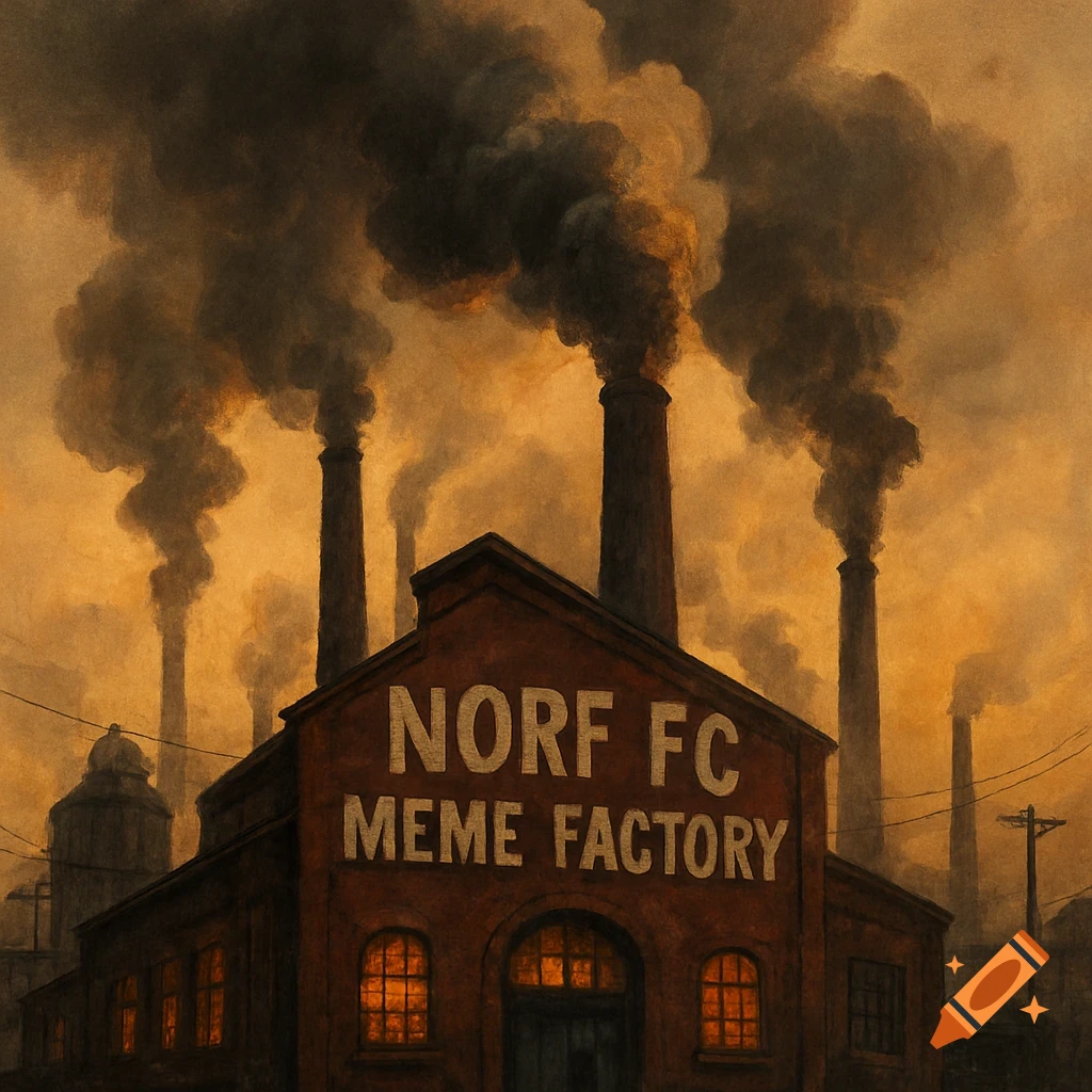 An industrial factory building with tall smokestacks billowing dark smoke into an orange sky. The building has 'NORF FC MEME FACTORY' written on its front.