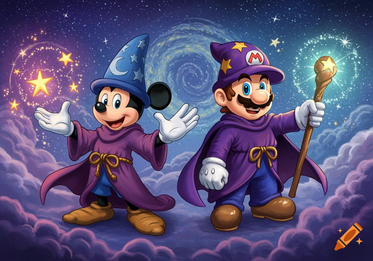 Mickey Mouse and Super Mario dressed as wizards, standing in a magical night sky with stars and clouds.