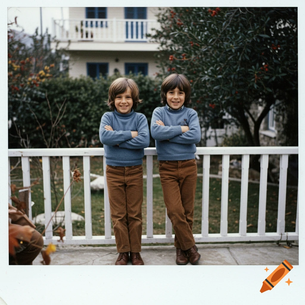 Two young boys with brown hair, wearing blue sweaters and brown pants, smiling with arms crossed in a 1970s-style Polaroid photo in a backyard.