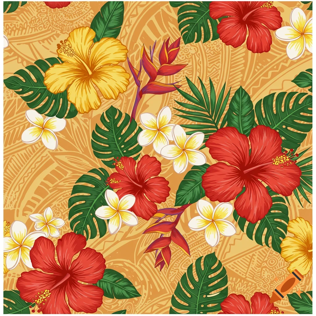 Seamless tropical floral pattern with red and yellow hibiscus, white plumeria, bird of paradise flowers, and green leaves.