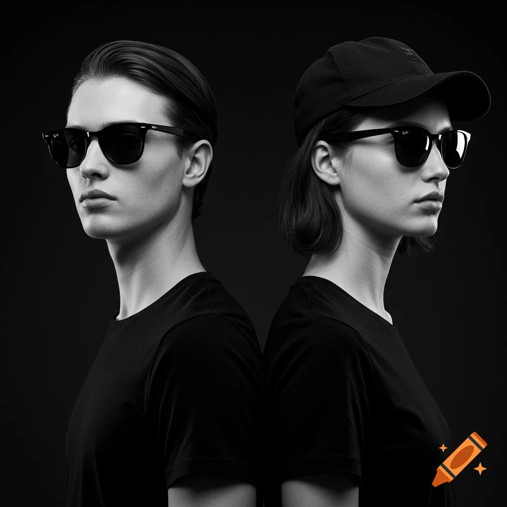 Black and white portrait of two people wearing black t-shirts and Ray-Ban sunglasses, standing back-to-back against a dark background.