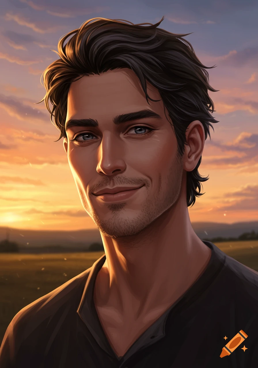 A handsome man with dark hair and blue eyes smiles against a vibrant sunset sky over a field in an illustrative style.