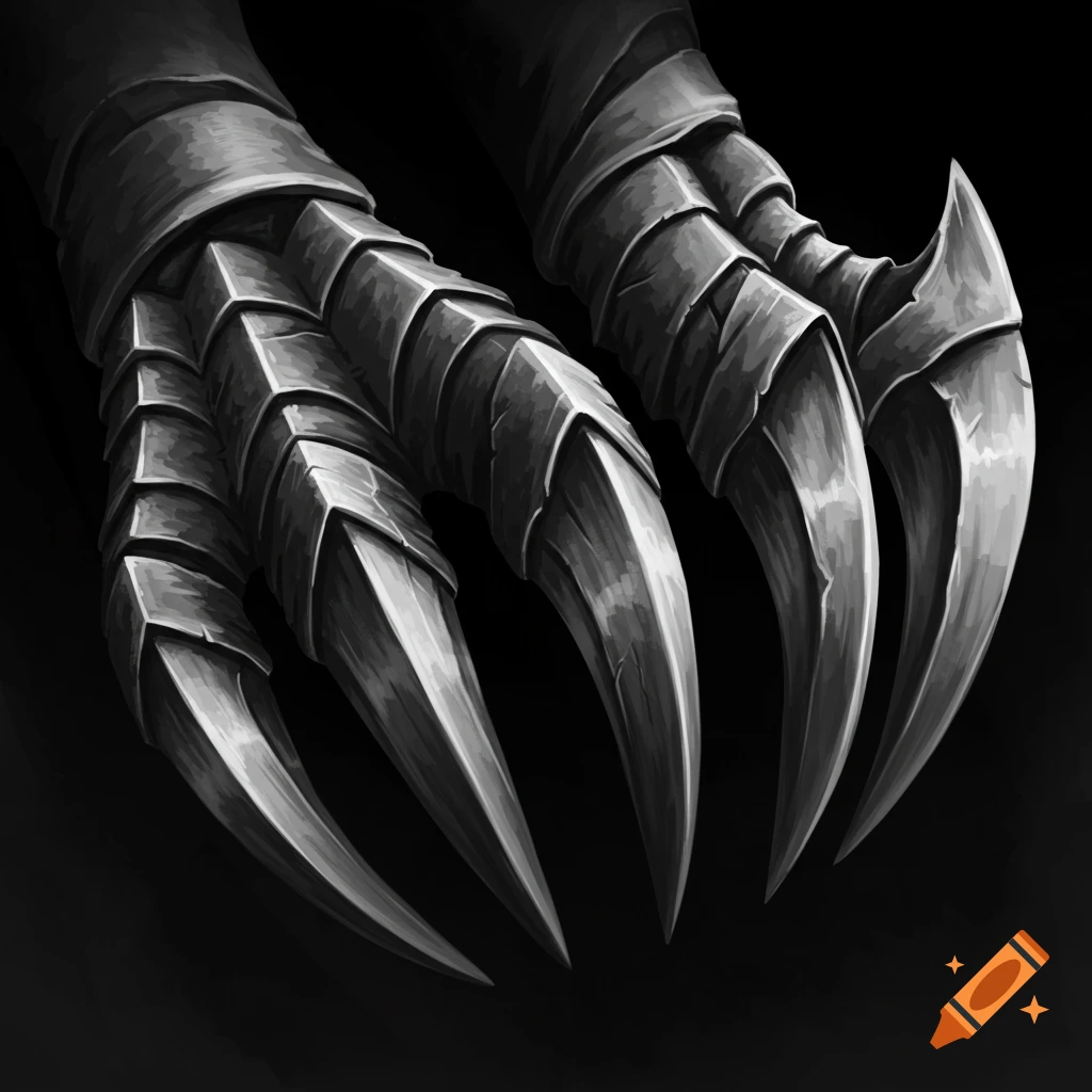 Monochrome close-up of large, sharp claws with armored digits, set against a dark background.
