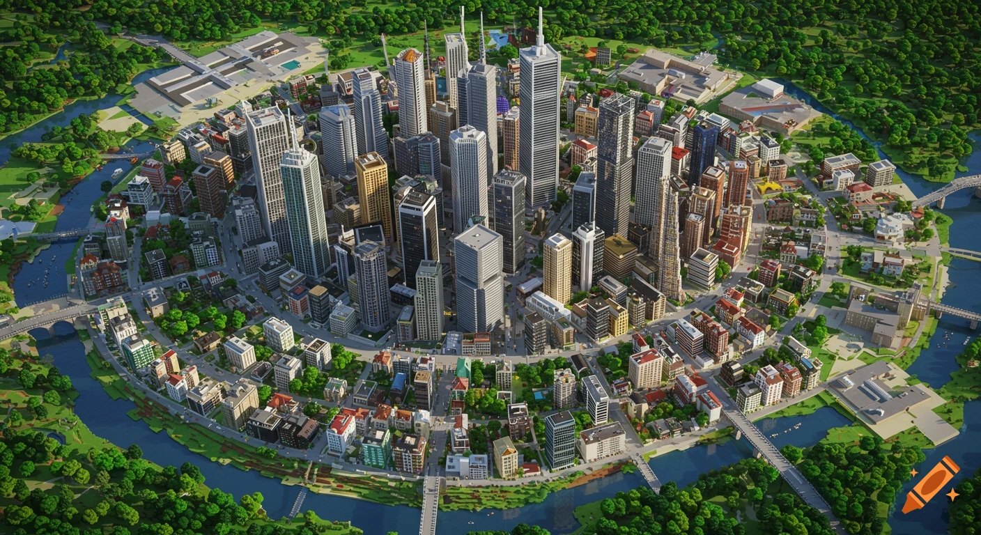 Aerial view of a large circular Minecraft city with skyscrapers, residential areas, rivers, bridges, and parks.