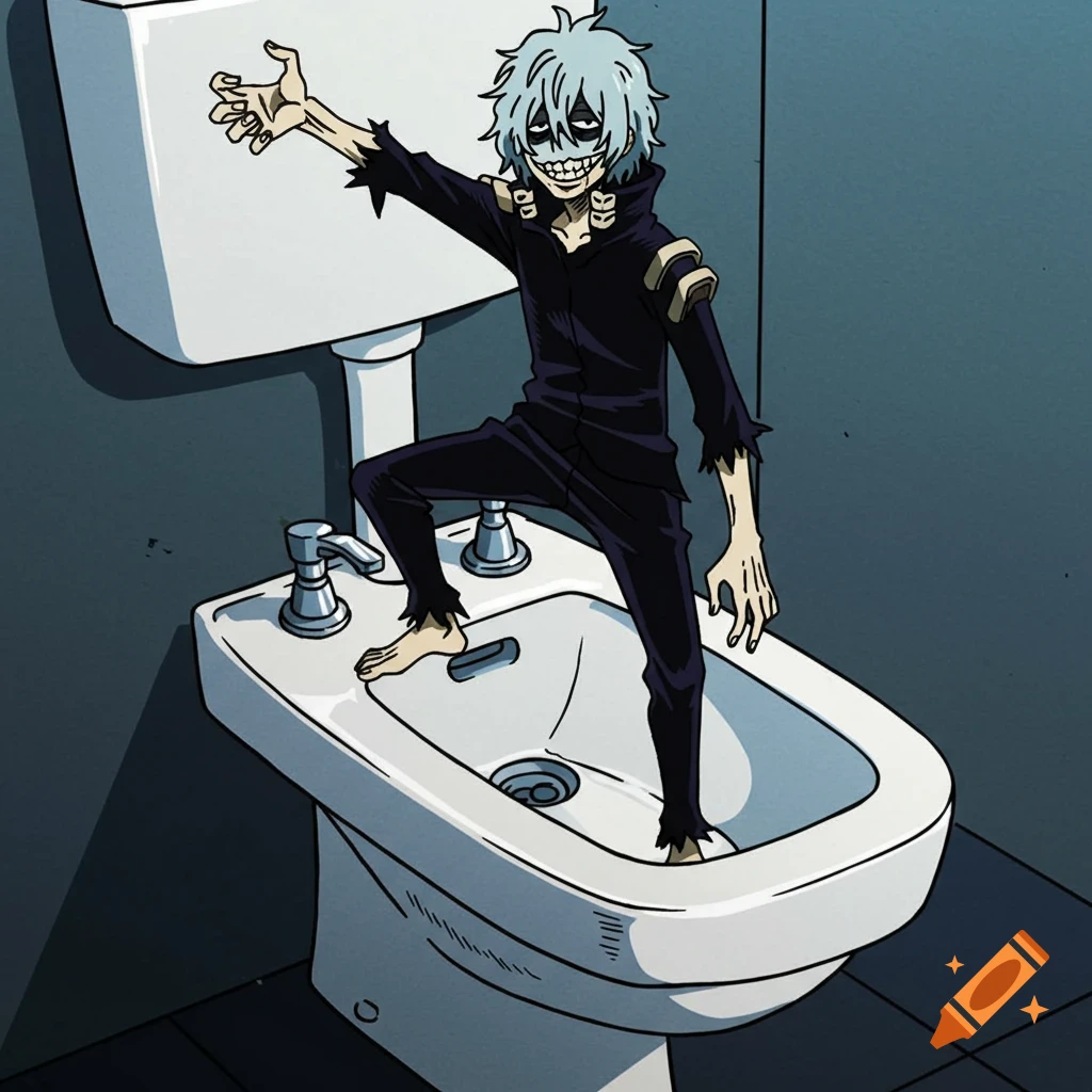 Anime character Tomura Shigaraki standing on a bidet in a bathroom.