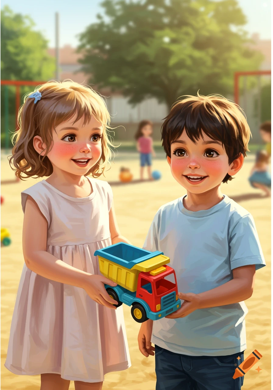 Illustrated image of two happy children, a girl and a boy, sharing a toy dump truck on a sunny playground.