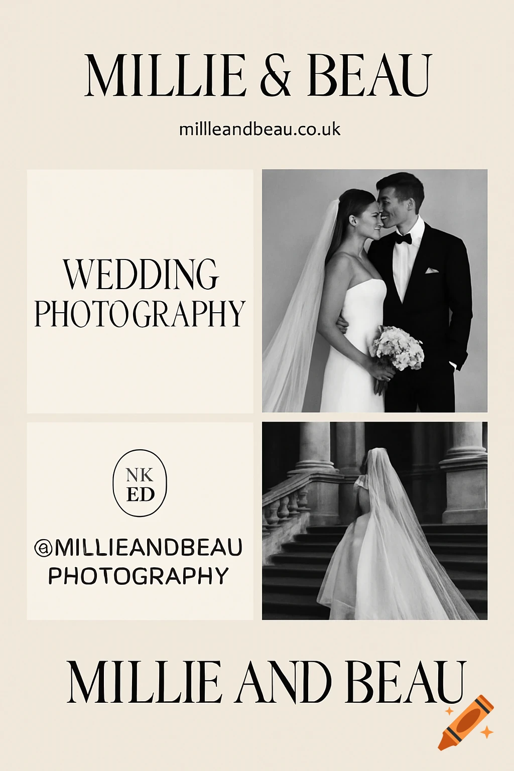 A cream-colored mood board advertising 'Millie & Beau Wedding Photography'. It features two black and white photos of a couple on their wedding day, alongside text elements and a logo.