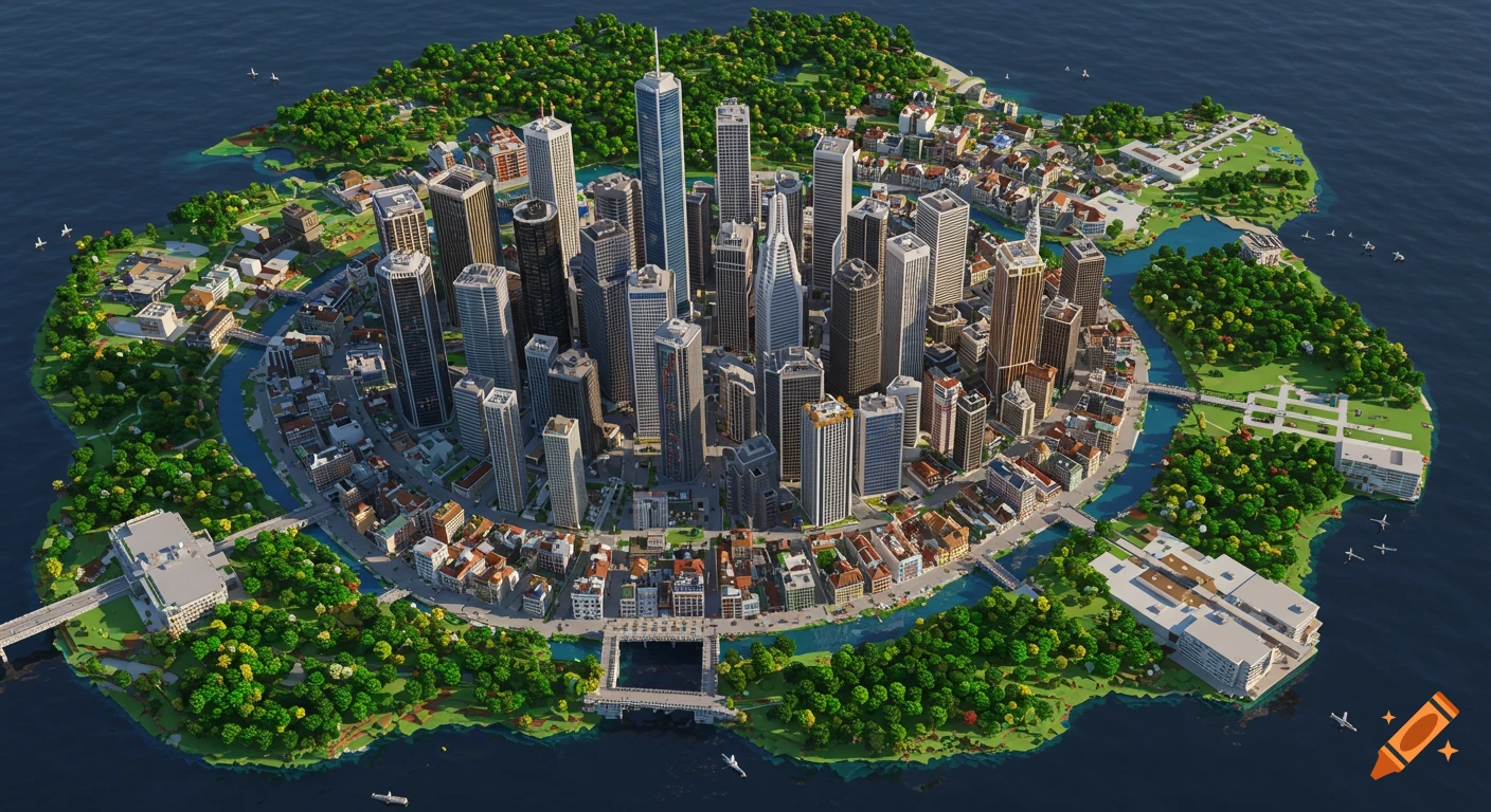 A detailed aerial view of a large circular city built in Minecraft block style, featuring skyscrapers, residential areas, rivers, and parks surrounded by water.