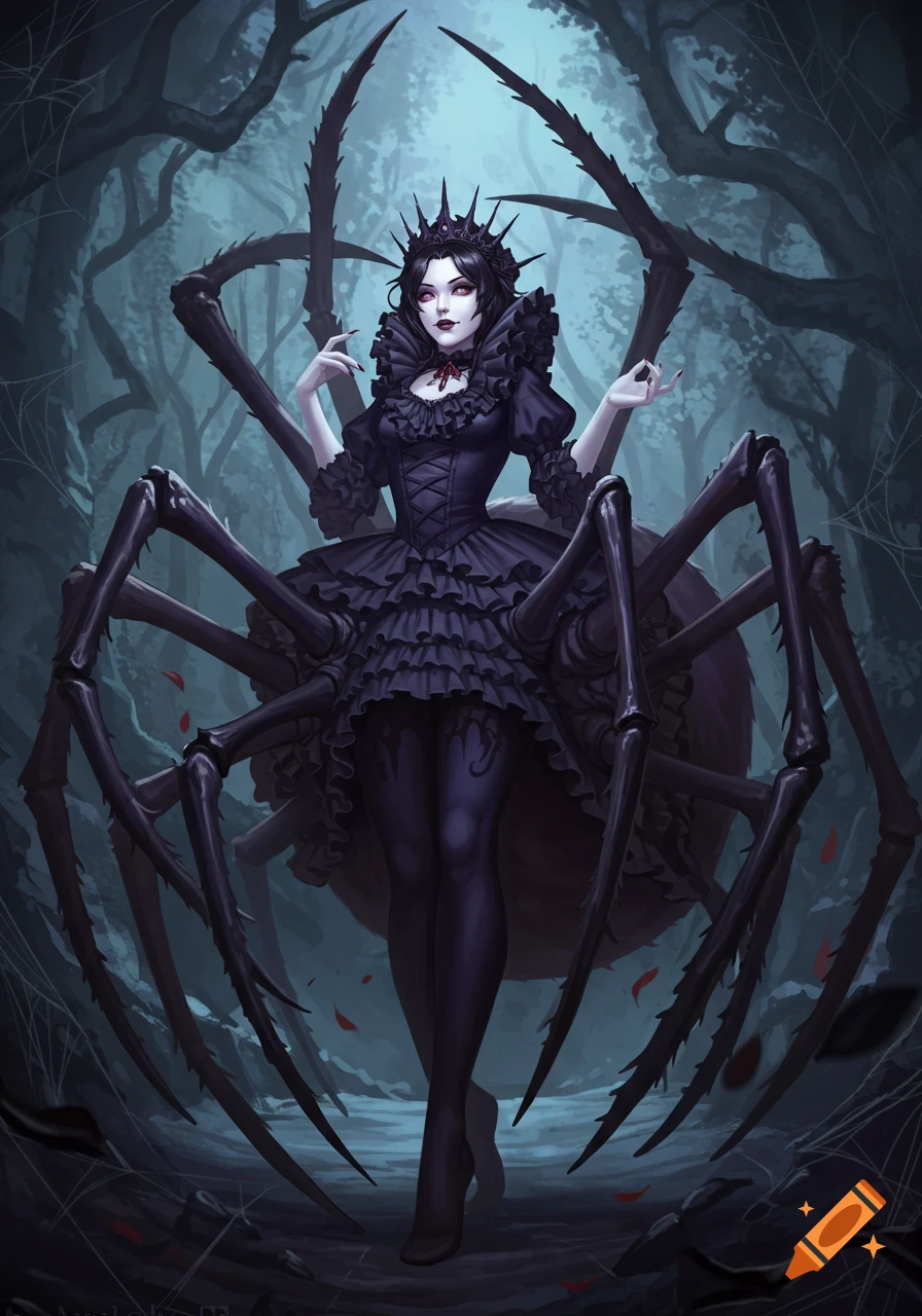 A dark fantasy anime spider queen with porcelain skin, red eyes, and a spiked crown, wearing a frilly black dress, stands in a misty forest.