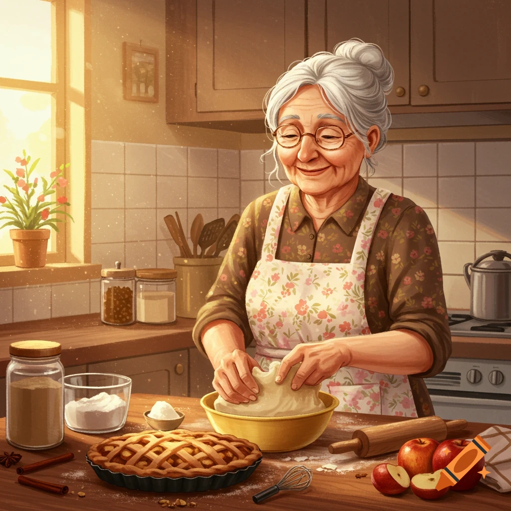 An elderly woman with white hair and glasses smiles while kneading dough in a sunlit kitchen, with a pie, apples, and flour on the counter.