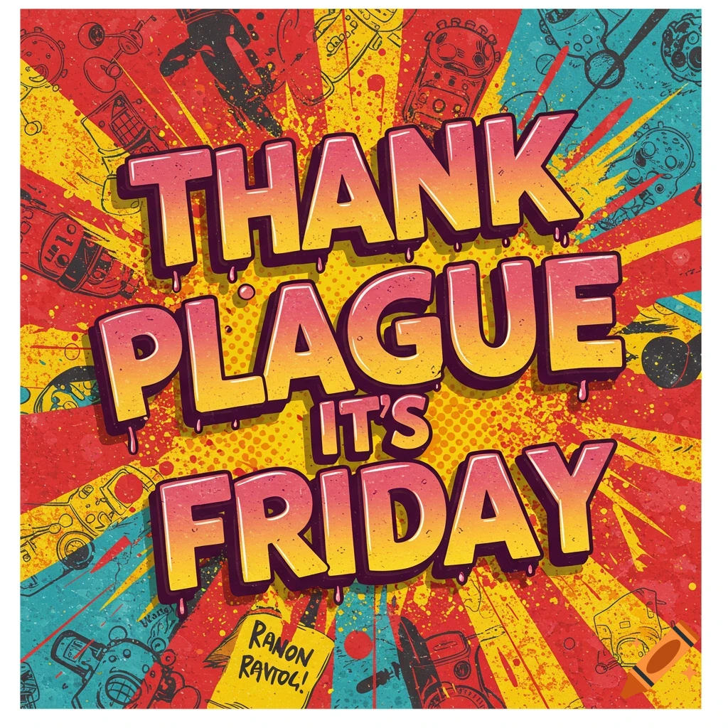 A vibrant pop art illustration with the large, colorful text "THANK PLAGUE IT'S FRIDAY" in a dripping font, set against a red, yellow, and blue background with comic book style explosions and distressed textures. Smaller, sketchy drawings of various items like a boombox and other geometric shapes are scattered in the background.