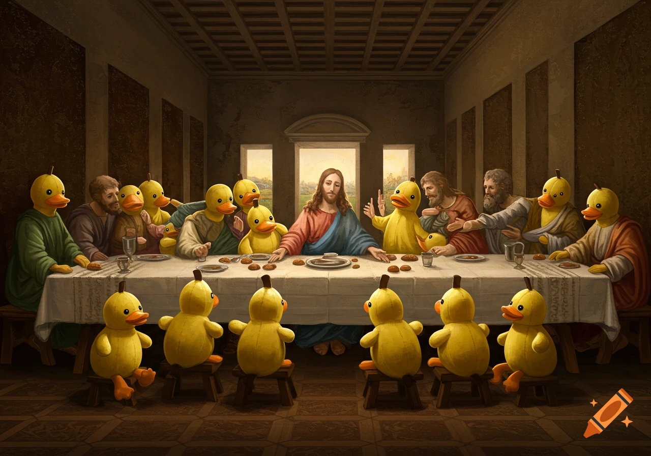 Jesus at The Last Supper with disciples depicted as yellow rubber duck plushies, in a painting style.