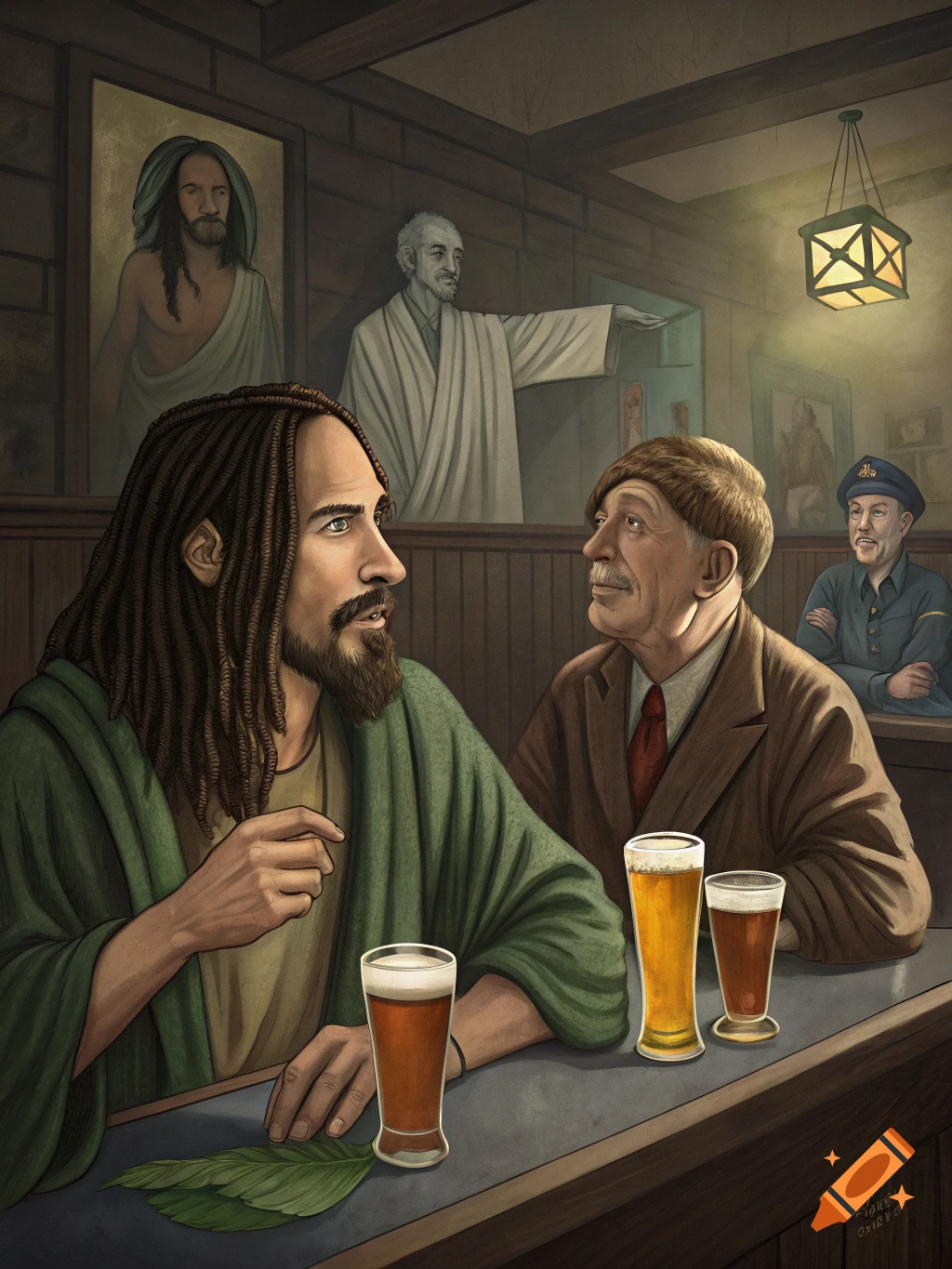 Two men, one with dreadlocks, share beers at a bar, with other figures in the background. Illustrative style.