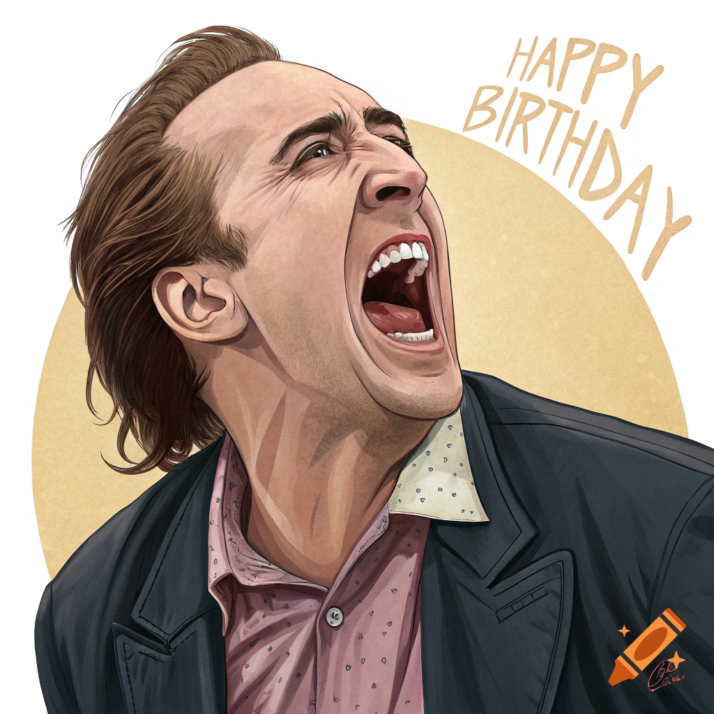 Caricature of Nicolas Cage screaming with 'Happy Birthday' text.