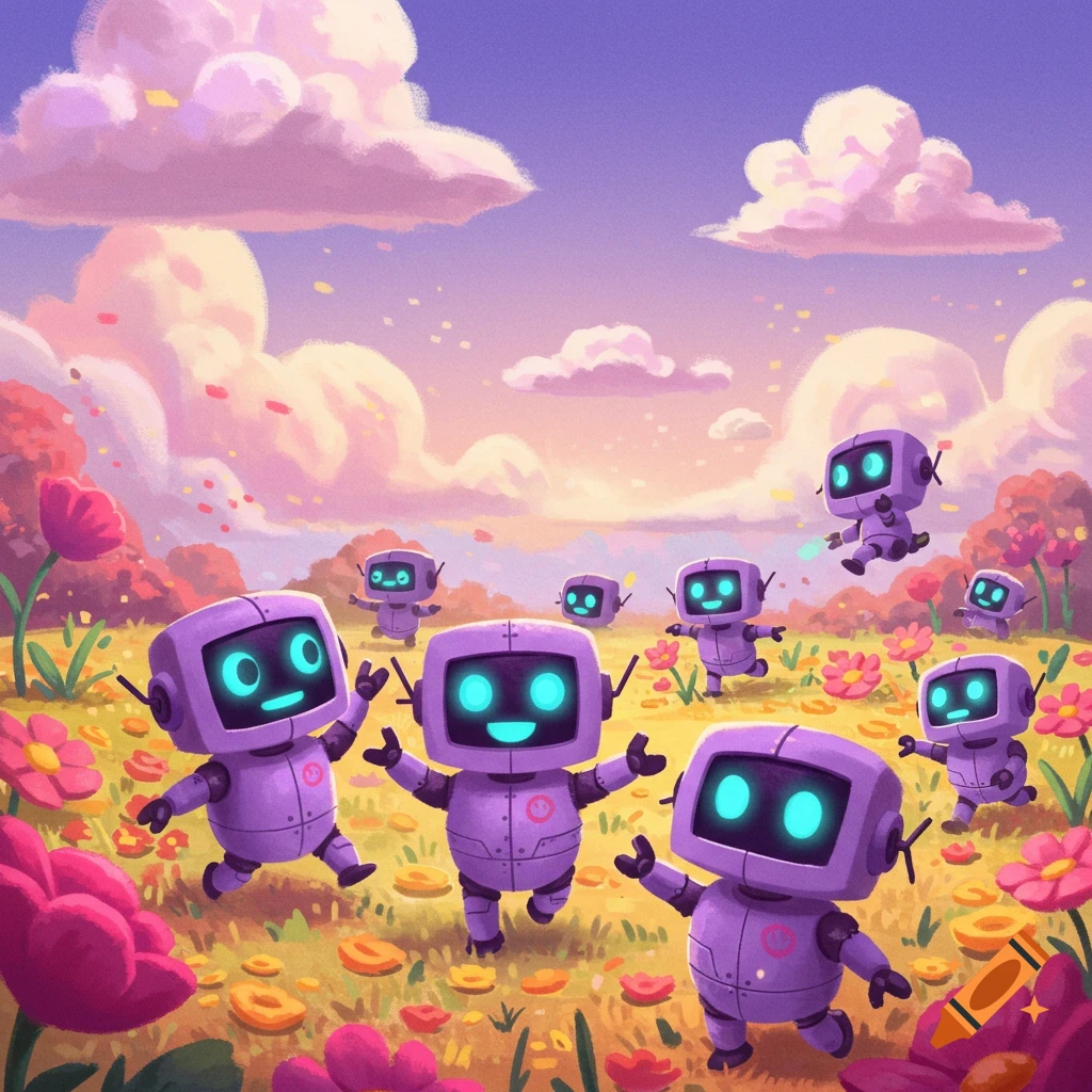 Cute purple robots with glowing faces frolic in a field of colorful flowers under a vibrant sky with pink clouds.
