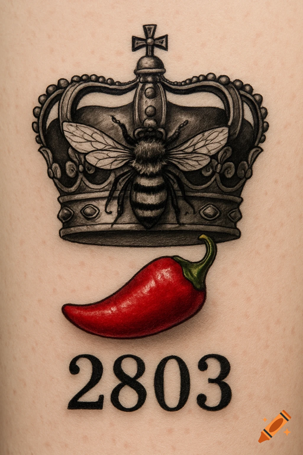 A realistic tattoo of a black and white crown with a bee on it, a red chili pepper below the crown, and the numbers 2803 below the pepper, all on light skin.