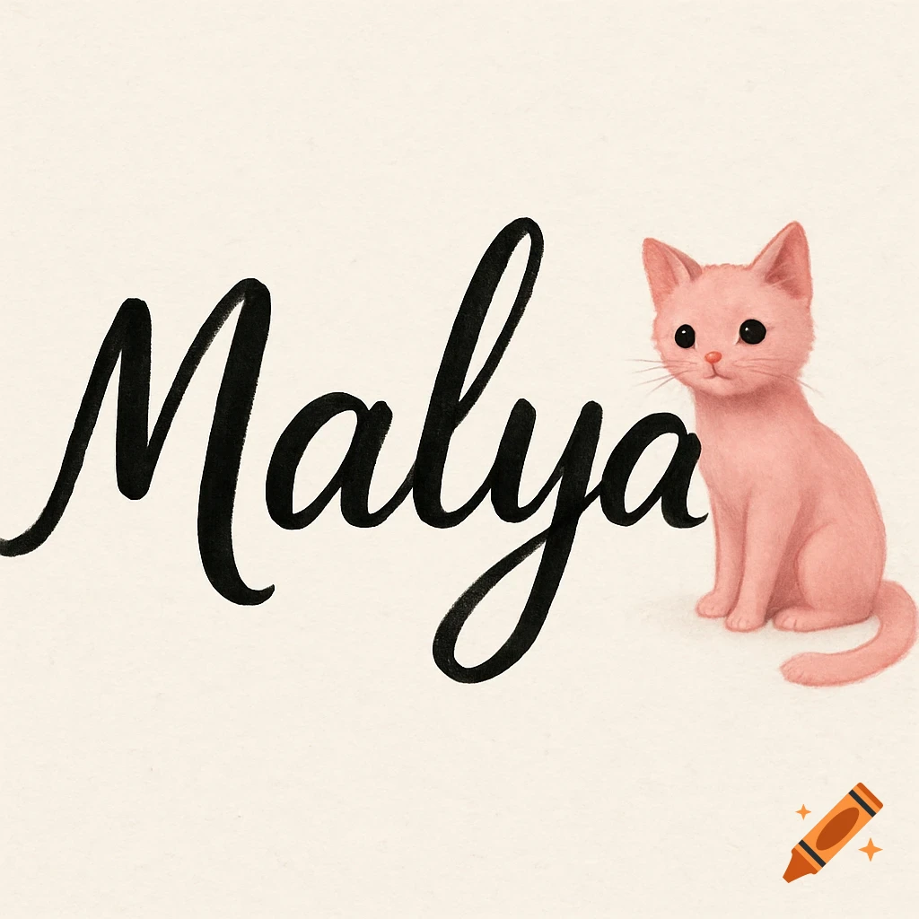 The name Malya in black script beside a small pink cat on a light background.