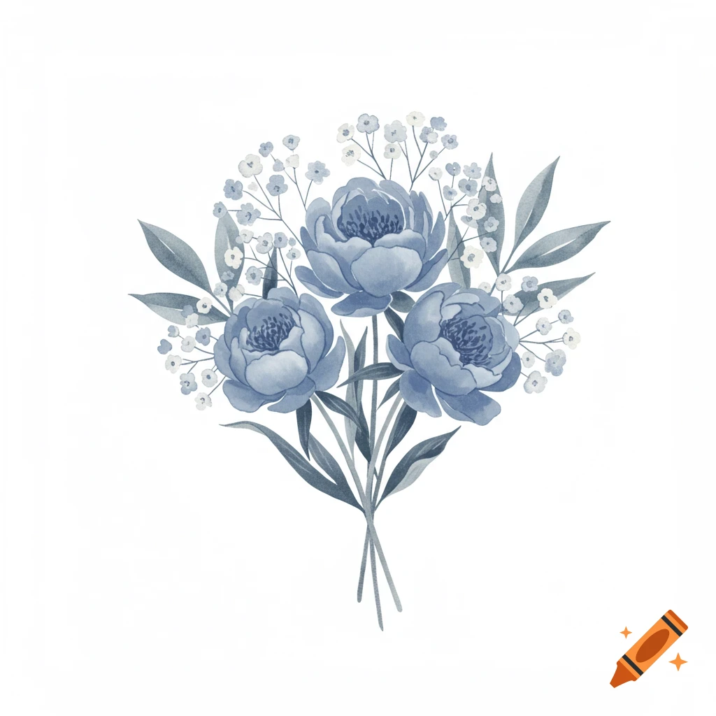 A watercolor bouquet of blue peonies and baby's breath flowers with green leaves.