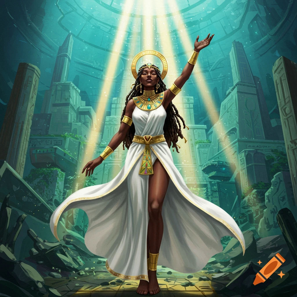 A goddess-like woman in a white dress and gold Egyptian jewelry stands illuminated amidst the ruins of an ancient city, with one arm raised.